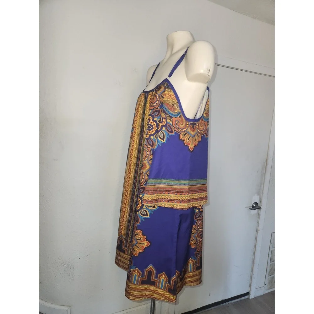 Boho Cold Shoulder Mini Dress Blue Orange Paisley Tribal Bell Sleeve Summer - Picture 3 of 7
